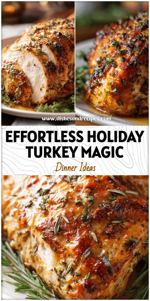 Home 35 Golden brown Slow Cook Turkey Breast garnished with herbs and served on a white dish.