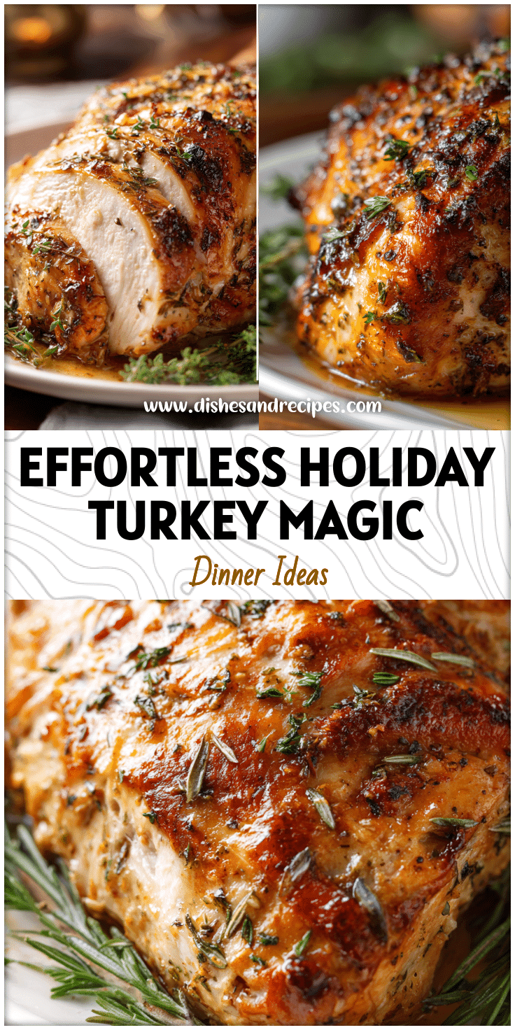 Golden brown Slow Cook Turkey Breast garnished with herbs and served on a white dish.