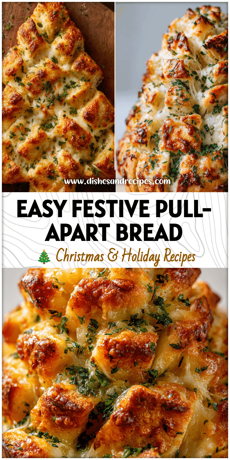 Golden brown Christmas Tree Pull Apart Bread made with pizza dough shaped like a festive tree and topped with herbs.