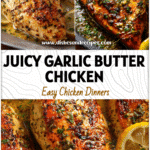 Golden baked garlic butter chicken breast served in a pan with herbs and sliced lemon.