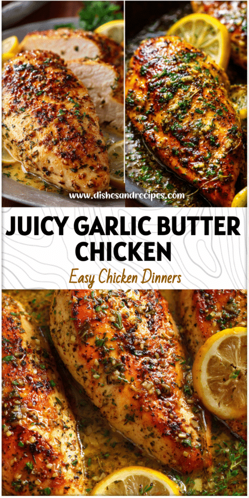 Home 30 Golden baked garlic butter chicken breast served in a pan with herbs and sliced lemon.