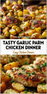 Sheet pan of Garlic Parmesan Chicken and Potatoes with golden edges and fresh herbs ready for serving.