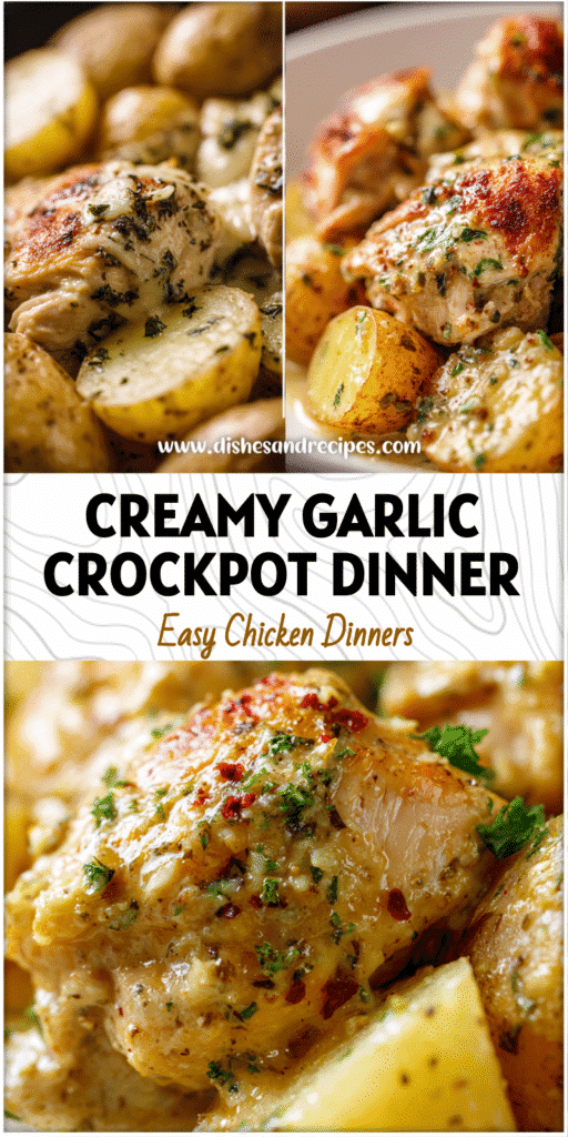 Home 31 Golden Garlic Parmesan Chicken and Potatoes in a crockpot with creamy baked texture and herbs.