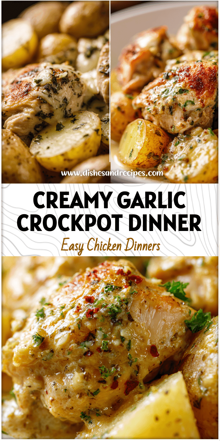 Golden Garlic Parmesan Chicken and Potatoes in a crockpot with creamy baked texture and herbs.