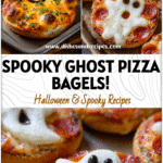 Mini pizza bagels shaped like ghosts on a tray for kids Halloween party food.