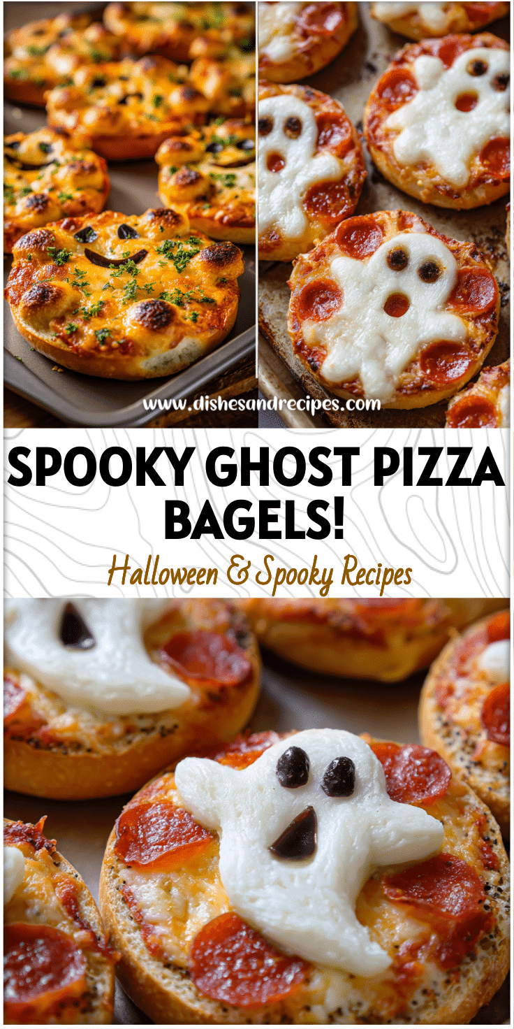 Mini pizza bagels shaped like ghosts on a tray for kids Halloween party food.
