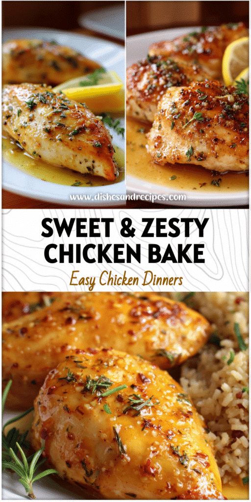 Home 31 Baked honey lemon chicken breasts glazed with golden sauce and herbs on a white plate.