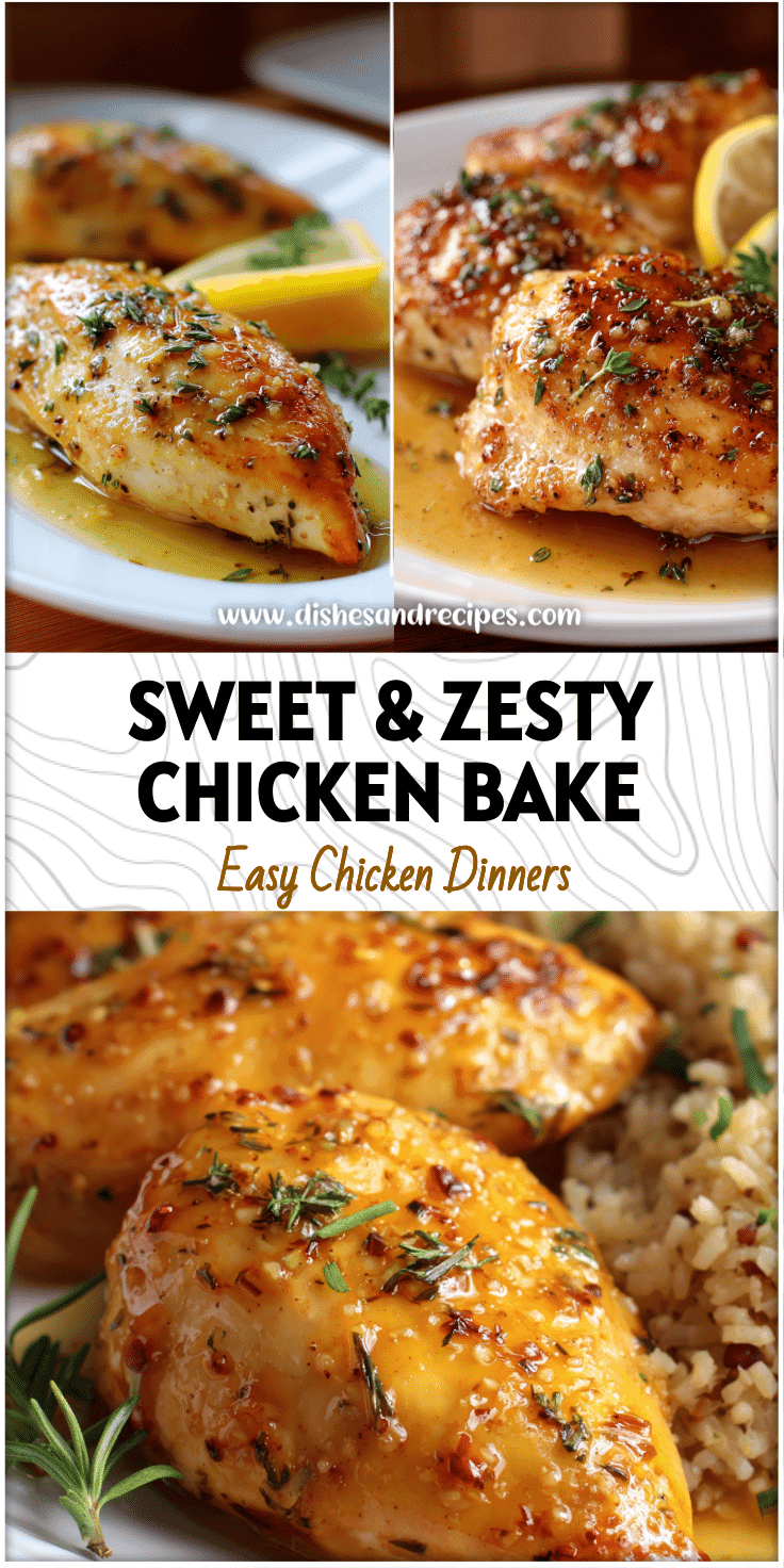 Baked honey lemon chicken breasts glazed with golden sauce and herbs on a white plate.