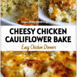 Healthy Chicken Cauliflower Rice Casserole with Cheesy Flavor 5 Baked cheesy chicken cauliflower rice casserole topped with golden melted cheese in a white dish.