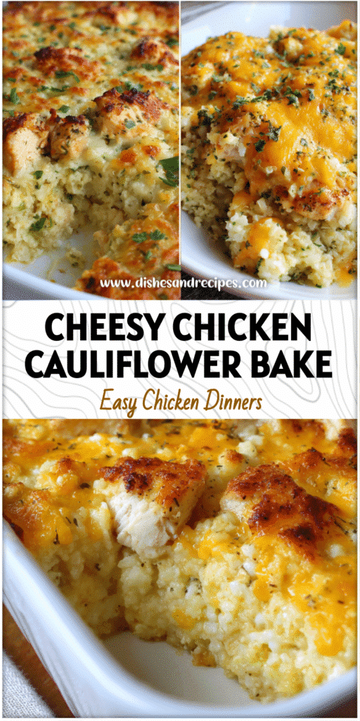 Home 31 Baked cheesy chicken cauliflower rice casserole topped with golden melted cheese in a white dish.