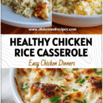 Healthy Chicken and Rice Casserole 5 Healthy baked chicken and brown rice casserole topped with green herbs on a wooden table