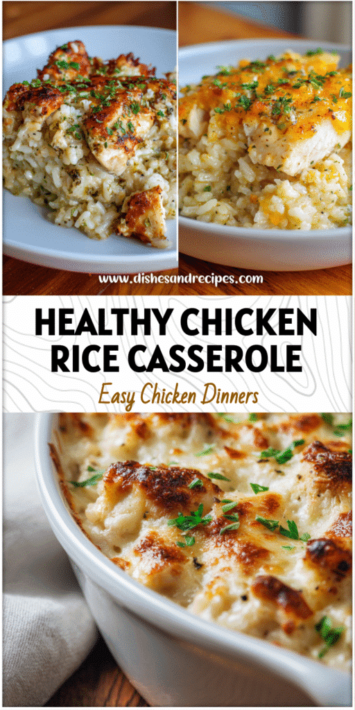 Home 32 Healthy baked chicken and brown rice casserole topped with green herbs on a wooden table