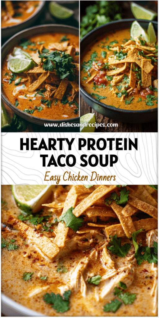Home 36 Hearty bowl of high protein chicken tortilla soup garnished with cilantro, lime, and crunchy tortilla strips.