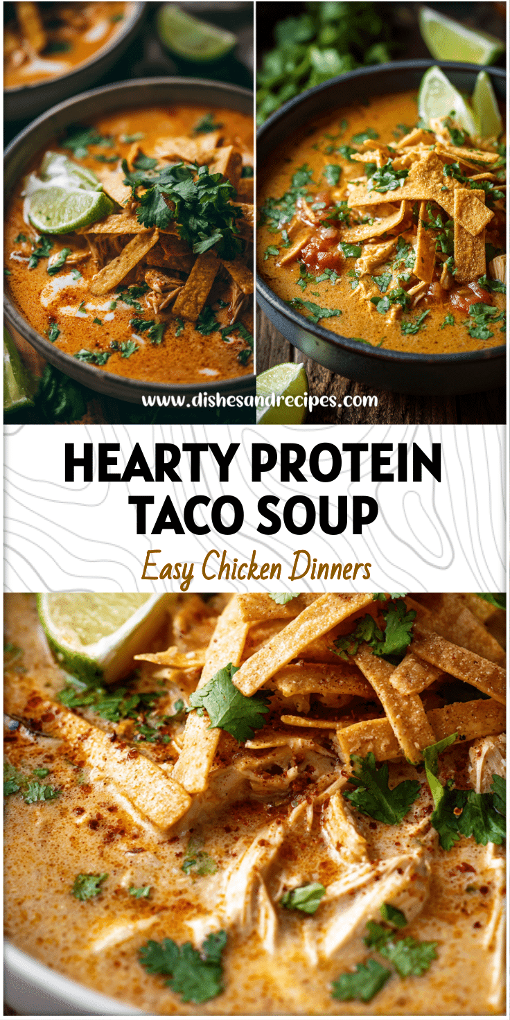 Hearty bowl of high protein chicken tortilla soup garnished with cilantro, lime, and crunchy tortilla strips.