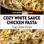 Hearty White Sauce Chicken Pasta for Cozy Family Dinners 5 Creamy white sauce chicken pasta served in a skillet with parsley garnish and Parmesan shavings