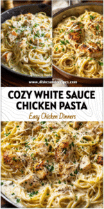 Creamy white sauce chicken pasta served in a skillet with parsley garnish and Parmesan shavings