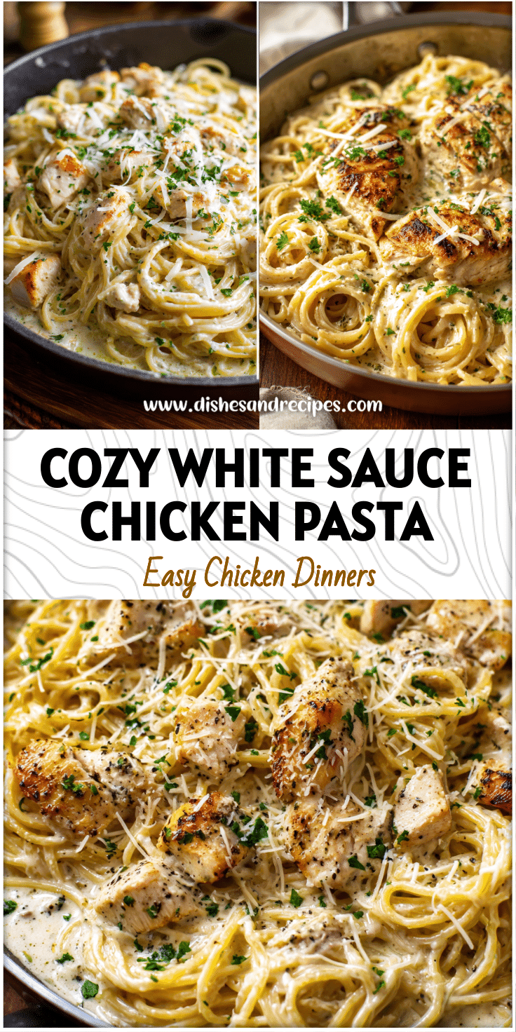 Creamy white sauce chicken pasta served in a skillet with parsley garnish and Parmesan shavings