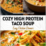 High Protein Creamy Taco Soup for Cozy Weeknights | CookTune 5 Creamy bowl of High Protein Chicken Taco Soup topped with cheese, avocado, and tortilla strips.