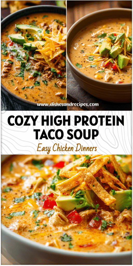 Home 36 Creamy bowl of High Protein Chicken Taco Soup topped with cheese, avocado, and tortilla strips.