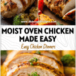 Moist baked chicken breast slices accompanied by roasted vegetables showing oven technique.