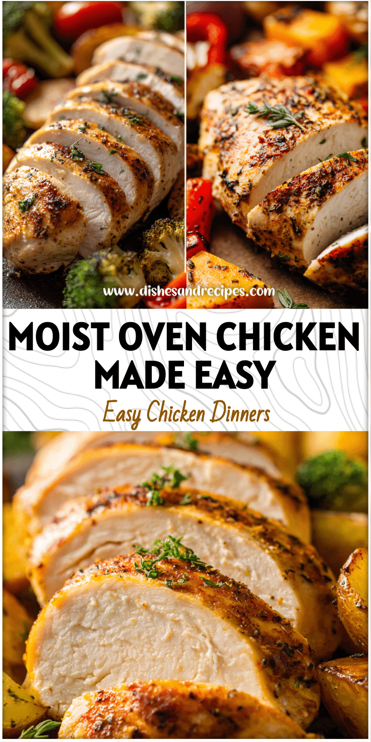 Moist baked chicken breast slices accompanied by roasted vegetables showing oven technique.