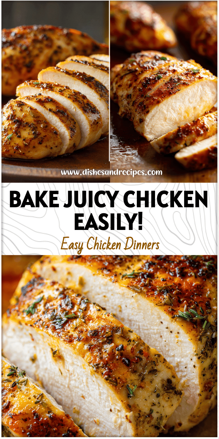 Golden baked chicken breast sliced on a tray following simple Oven Baked Chicken Instructions.
