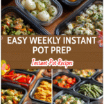 How to Meal Prep With Instant Pot for a Week of Easy Dinners 5 Instant Pot meal prep containers filled with dinner recipes and freezer meals on a wood counter