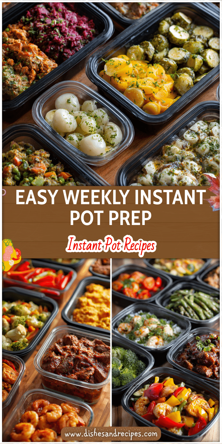 Instant Pot meal prep containers filled with dinner recipes and freezer meals on a wood counter