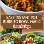 Colorful Instant Pot Burrito Bowl with rice, chicken, beans, vegetables, and fresh toppings in a white bowl.