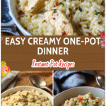 Creamy Instant Pot chicken and rice served in a bowl with herbs and spoon beside it