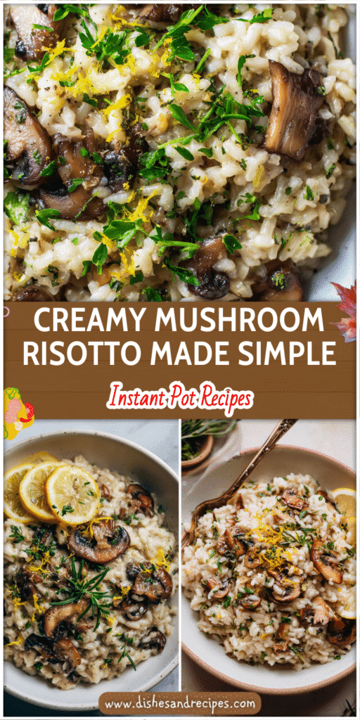 Creamy Herb-seasoned Mushroom Risotto with lemon zest and fresh herbs served in a white bowl.