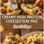 Bowl of creamy High Protein Philly Cheesesteak Pasta topped with melted cheese and steak strips.