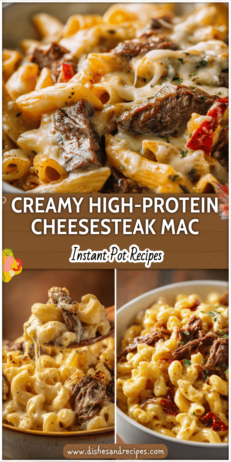 Bowl of creamy High Protein Philly Cheesesteak Pasta topped with melted cheese and steak strips.