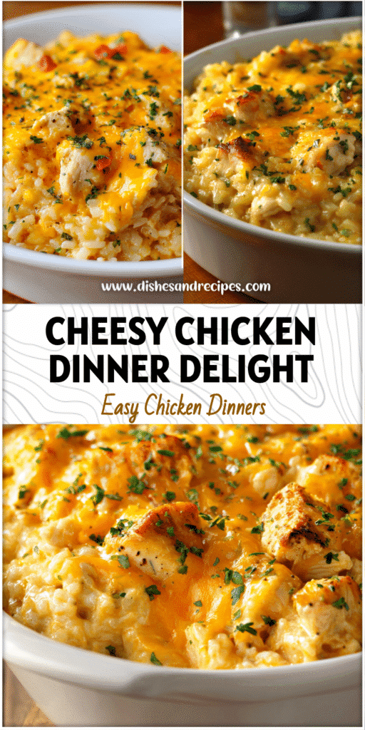 Home 35 Golden baked cheesy chicken casserole topped with melted cheese and herbs served in a white dish.