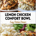 Golden lemon herb chicken and rice on a plate with balsamic salad garnish