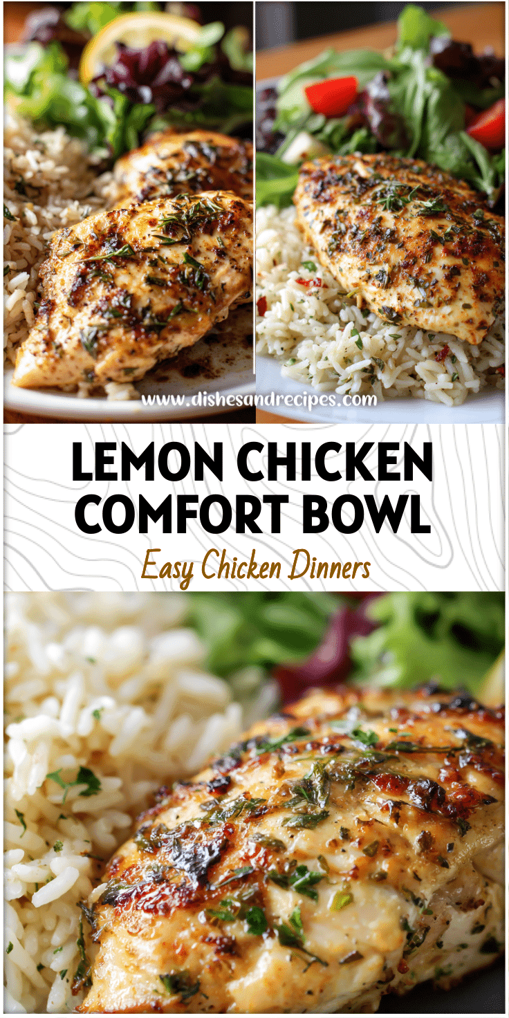 Golden lemon herb chicken and rice on a plate with balsamic salad garnish