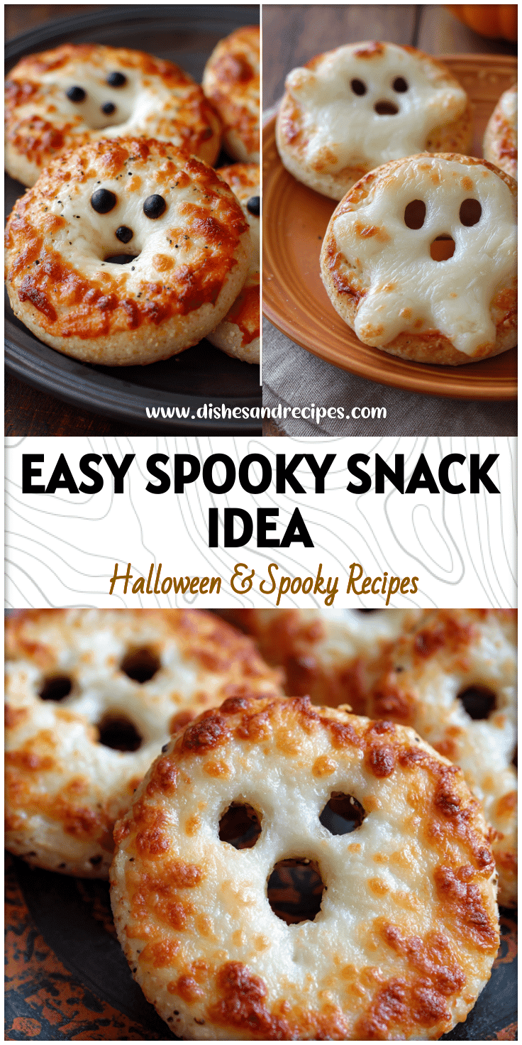 Cute ghost shaped pizza bagels served on a festive Halloween plate.