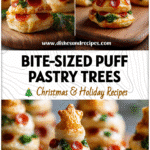 Mini Puff Pastry Christmas Trees for Holiday Parties 5 Mini puff pastry Christmas tree sliders filled with cheese and pepperoni arranged on a wooden board.