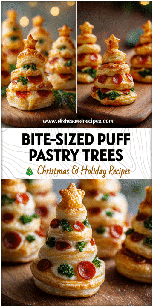 Mini puff pastry Christmas tree sliders filled with cheese and pepperoni arranged on a wooden board.