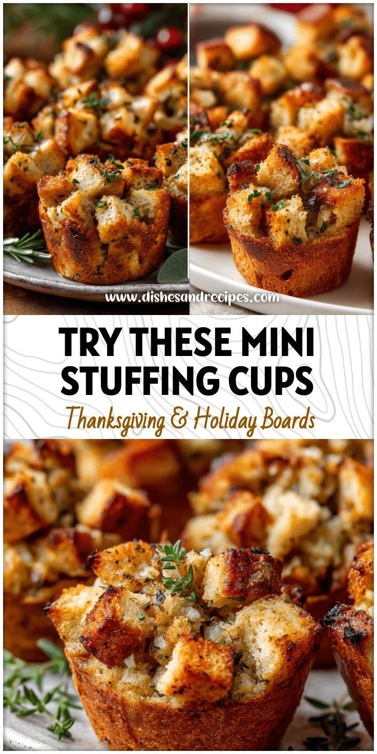 Mini stuffing cups filled with golden baked turkey cubes and herbs displayed on a festive platter.