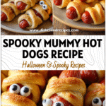 Mummy Hot Dogs: Spooky Halloween Party Appetizers Everyone Will Crave 5 Golden brown Mummy Hot Dogs wrapped in crescent rolls with candy eyes on a Halloween-themed plate.