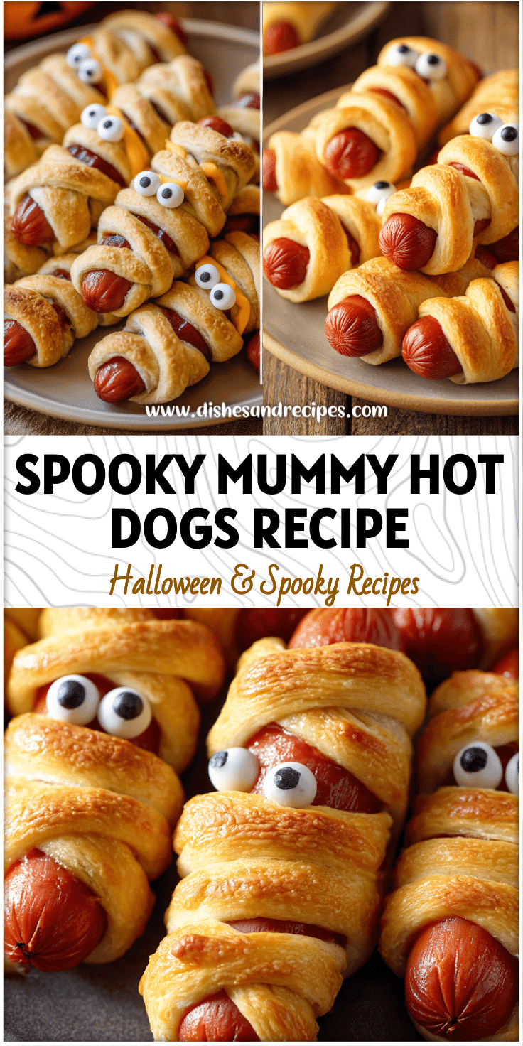 Golden brown Mummy Hot Dogs wrapped in crescent rolls with candy eyes on a Halloween-themed plate.