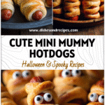 Mini Mummy Hot Dogs wrapped in crescent dough with eyes displayed on a spooky Halloween platter.
