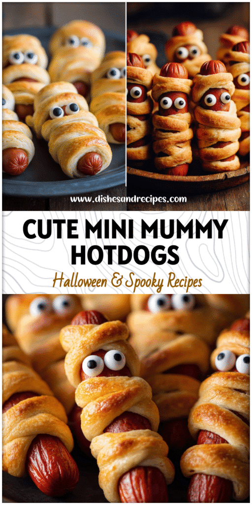 Home 32 Mini Mummy Hot Dogs wrapped in crescent dough with eyes displayed on a spooky Halloween platter.