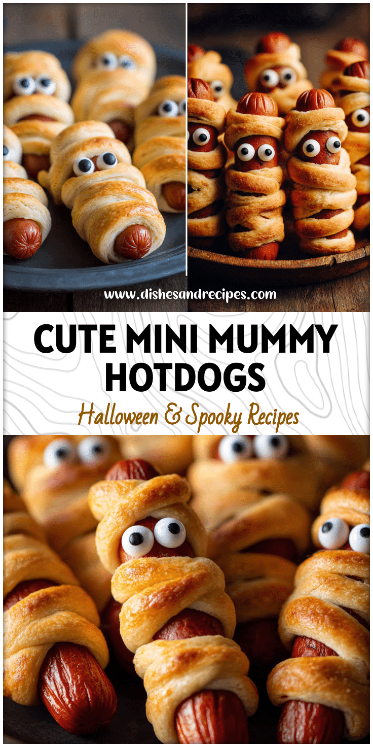 Mini Mummy Hot Dogs wrapped in crescent dough with eyes displayed on a spooky Halloween platter.