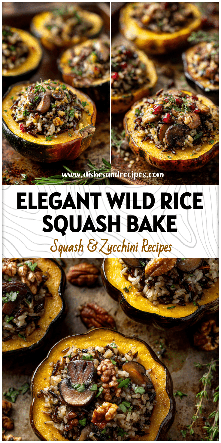 Halved acorn squash filled with mushroom and wild rice mixture on a rustic baking tray