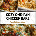 Golden brown one-pan chicken and rice casserole baked with herbs and vegetables in a white dish