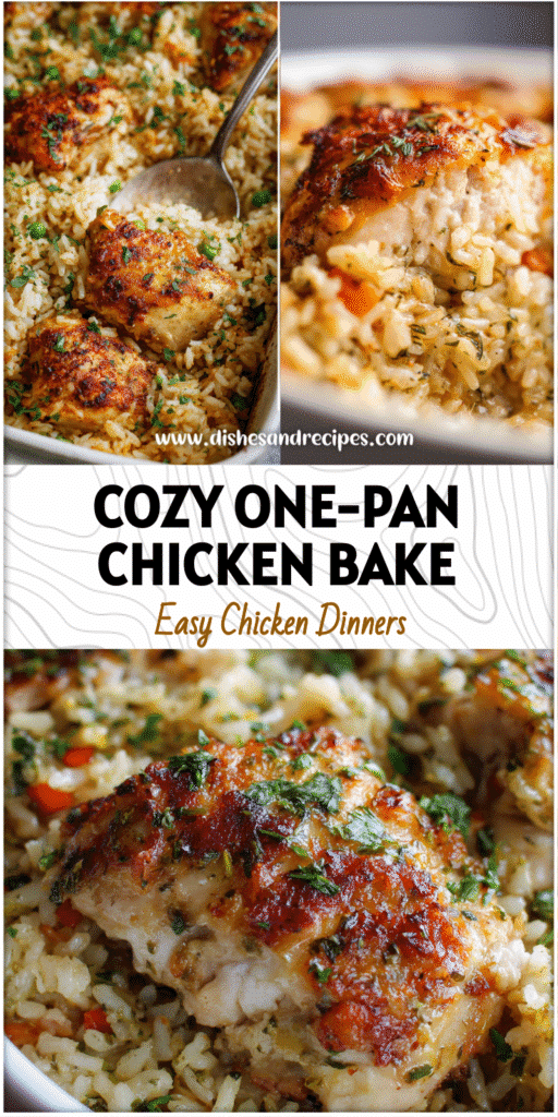 Home 31 Golden brown one-pan chicken and rice casserole baked with herbs and vegetables in a white dish