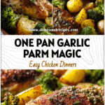 One Pan Garlic Baked Chicken & Potatoes with Broccoli 5 Roasted chicken breasts, potatoes, and broccoli on a sheet pan baked in garlic parmesan sauce.