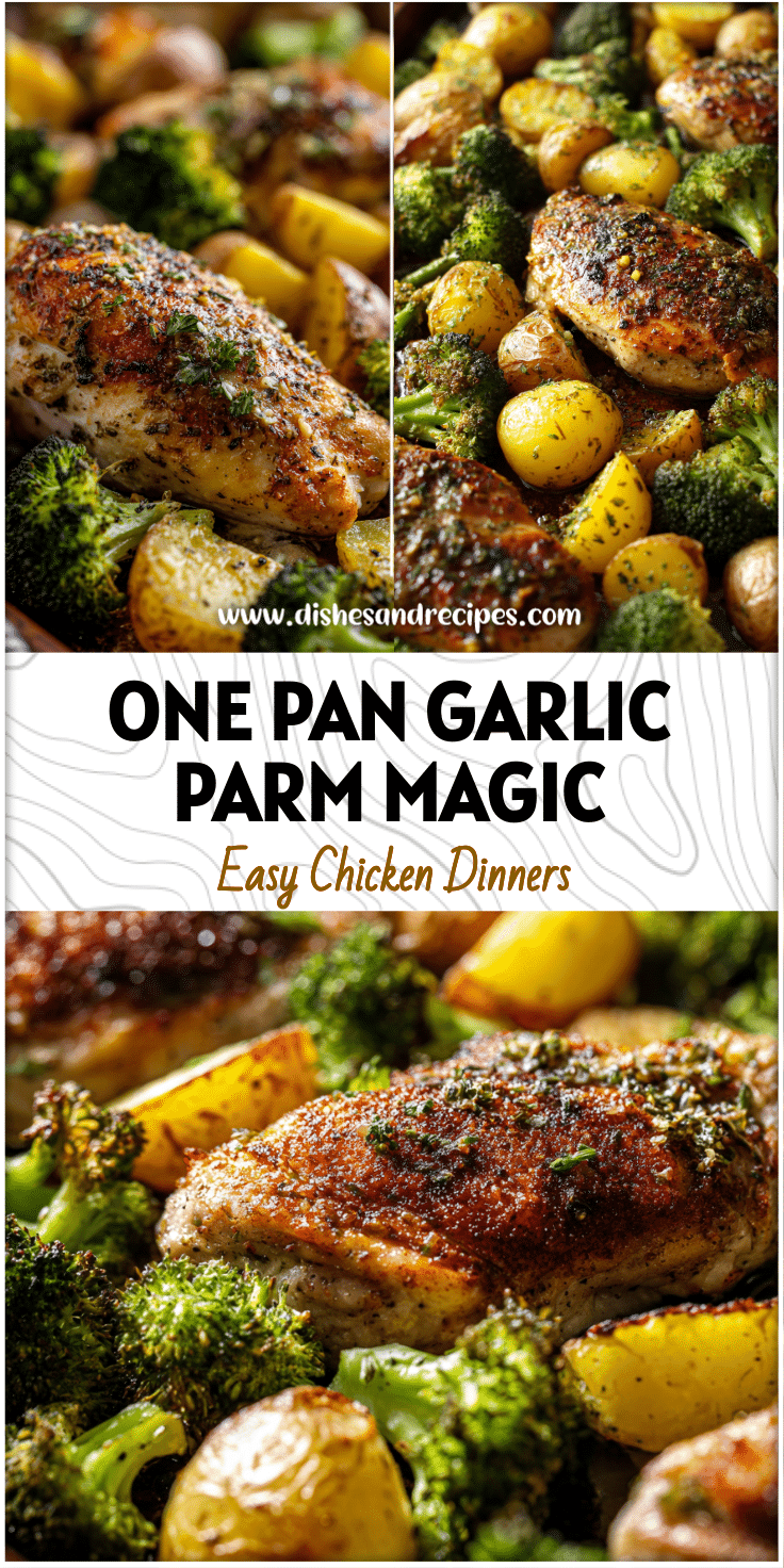 Roasted chicken breasts, potatoes, and broccoli on a sheet pan baked in garlic parmesan sauce.